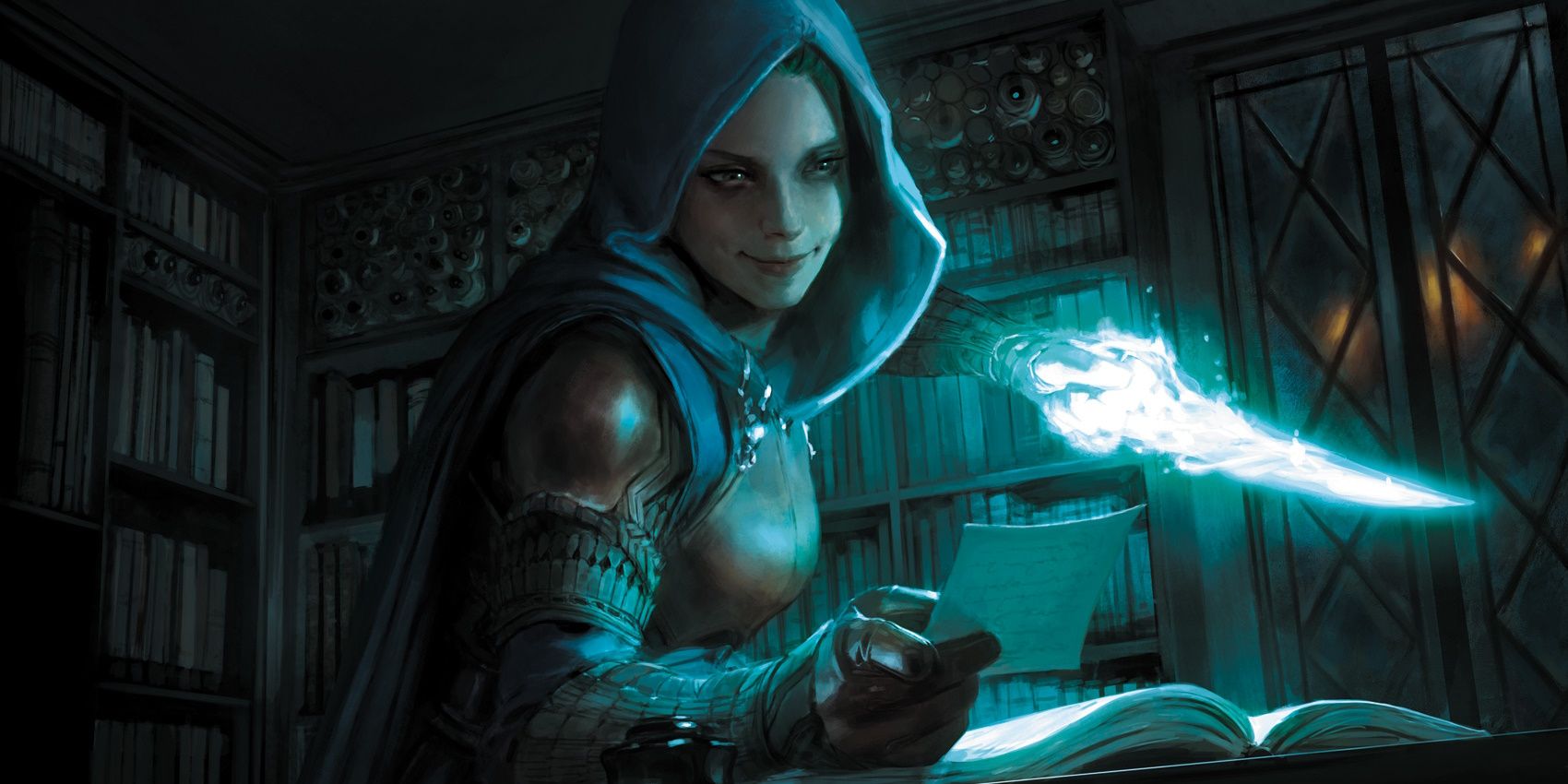 Hooded Soulknife rogue manifesting a glowing psychic blade in a library