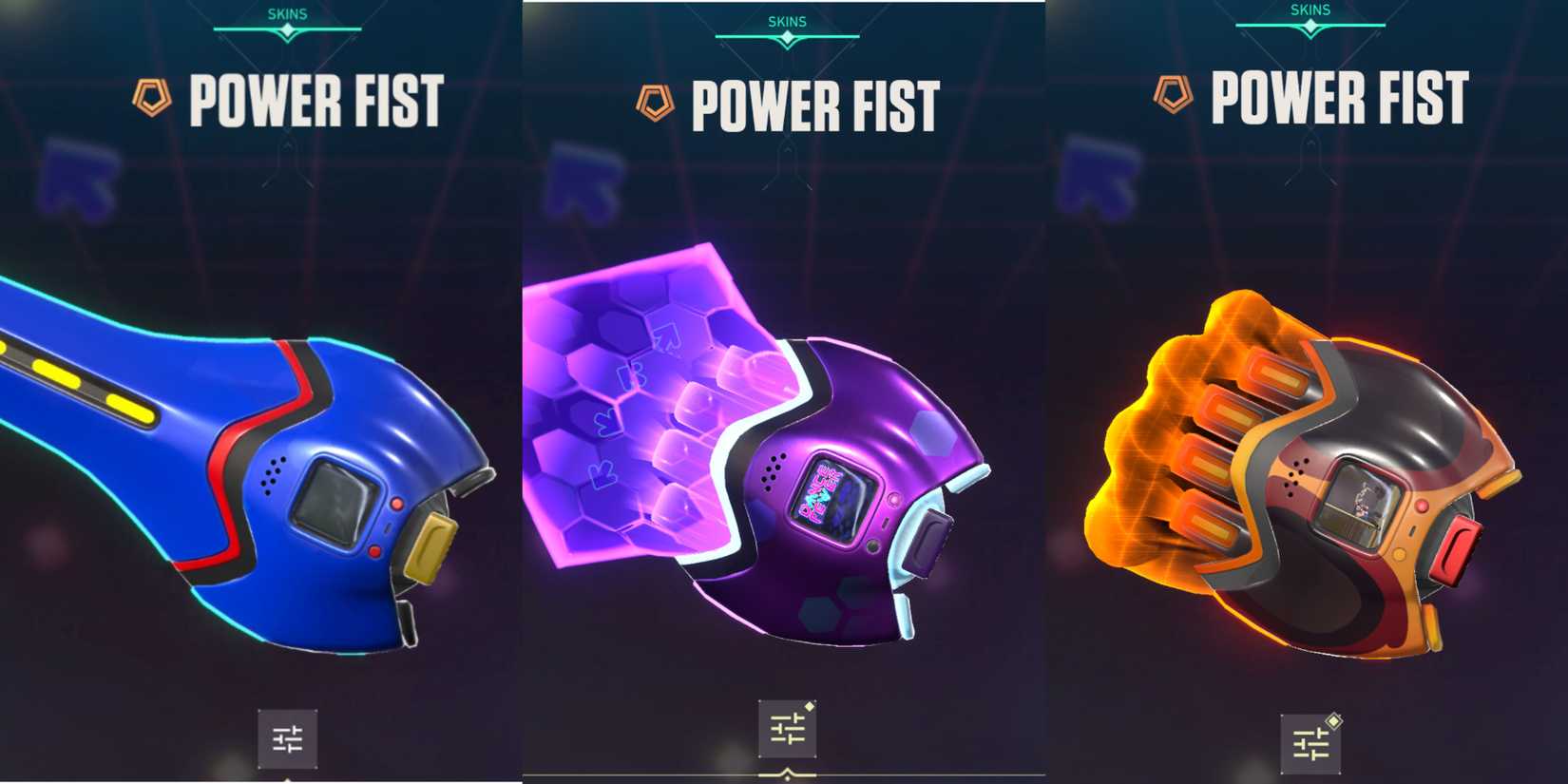 An image from Valorant of the Power Fist knife skin, which has three different styles. This shared image features the metro-style blue blade, the purple dance revolution handheld, and the orange fist inspired by games like Street Fighter.