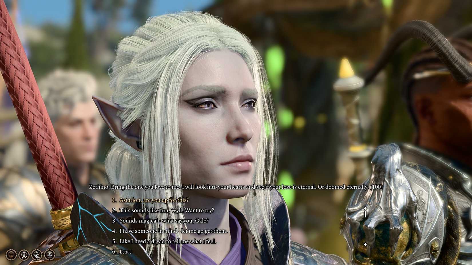 The player has several romantic choices among partners in Zethino's Love Trial, choosing Gale.