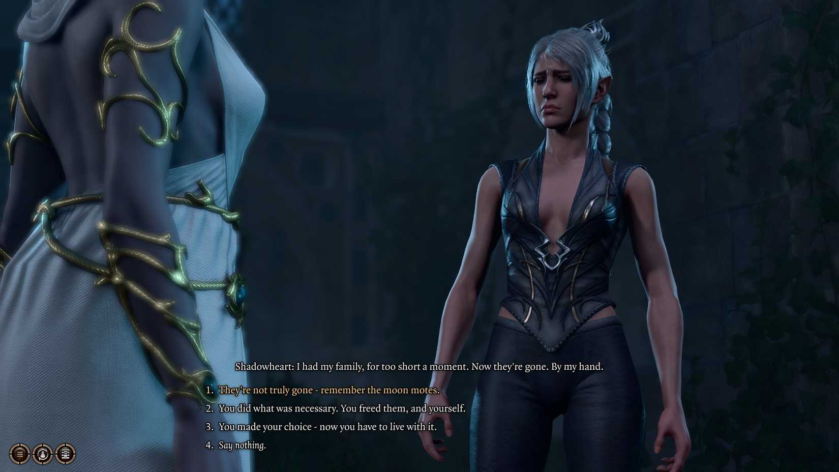 The player supports Shadowheart near the Selune statue as he mourns the loss of his parents.