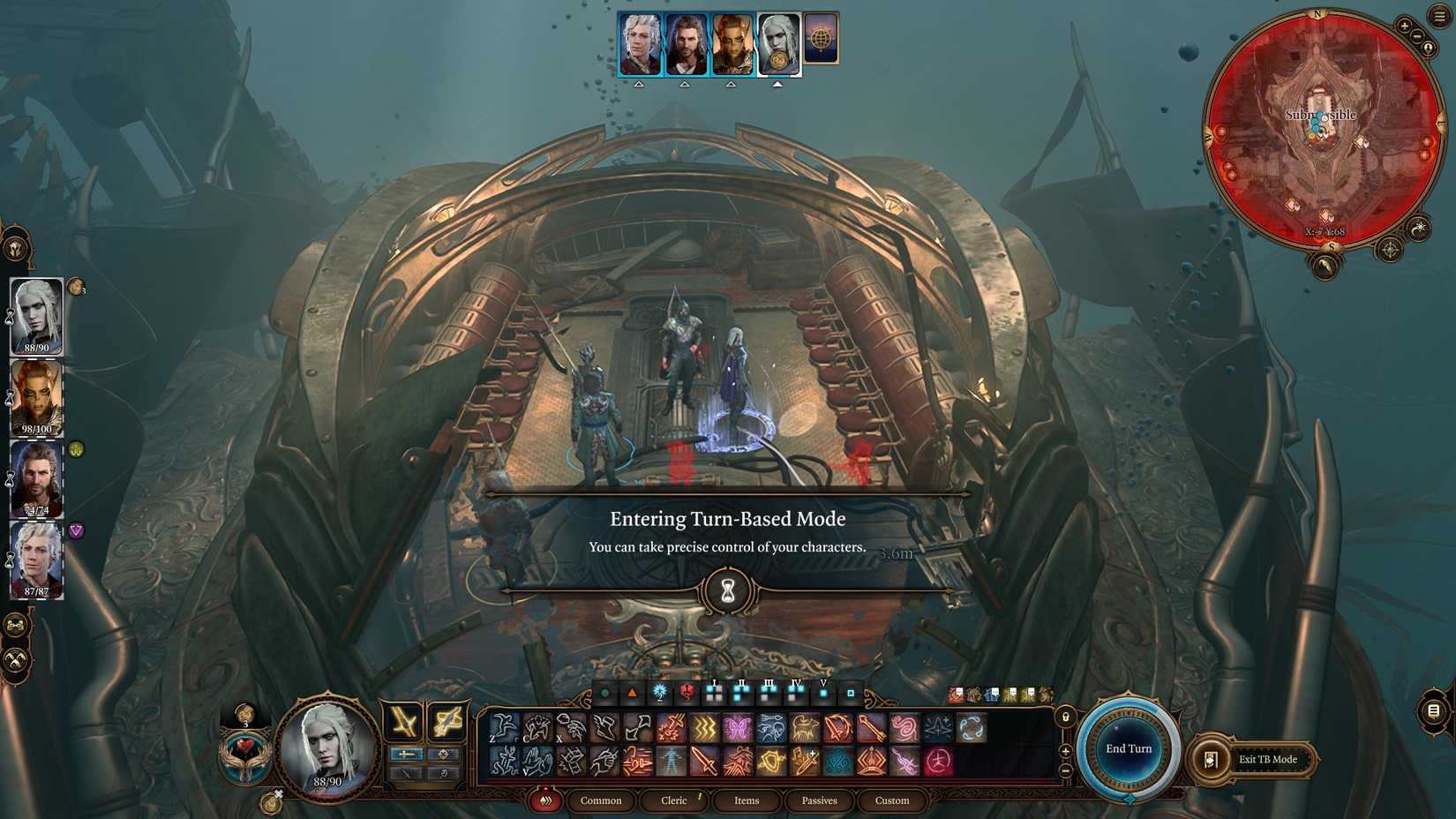 The player clicks turn mode to prepare for the Iron Throne while standing in a submarine in Baldur's Gate 3.