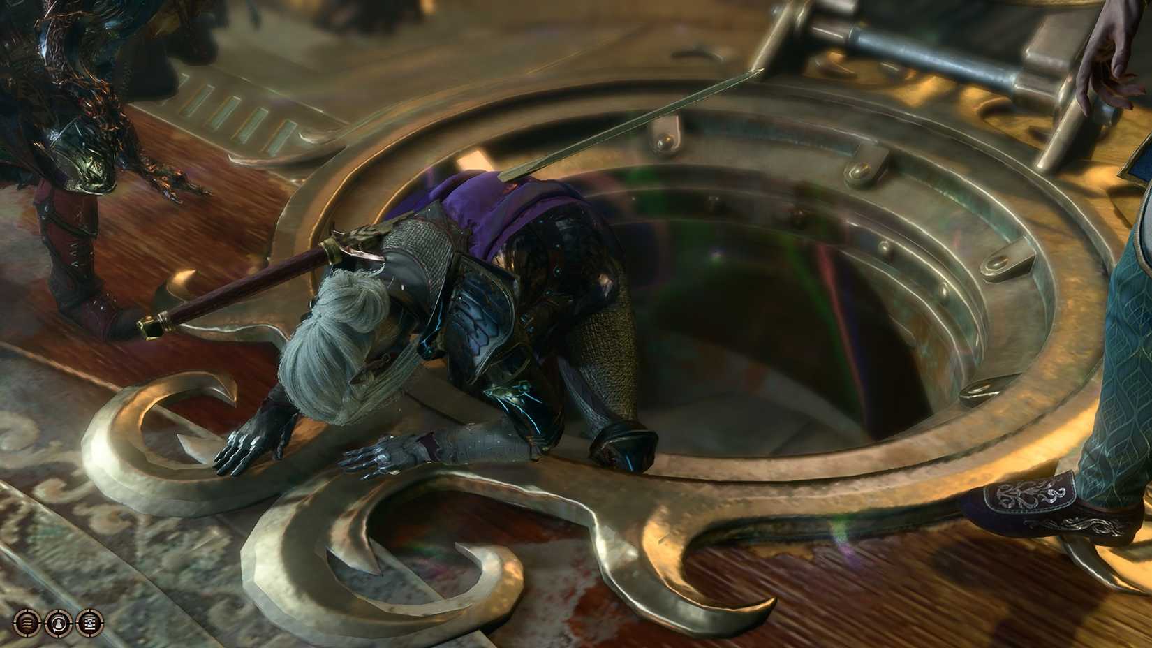 Player Drow Cleric Crawls Through Submersible Hatch As Iron Throne Explodes in Baldur's Gate 3.
