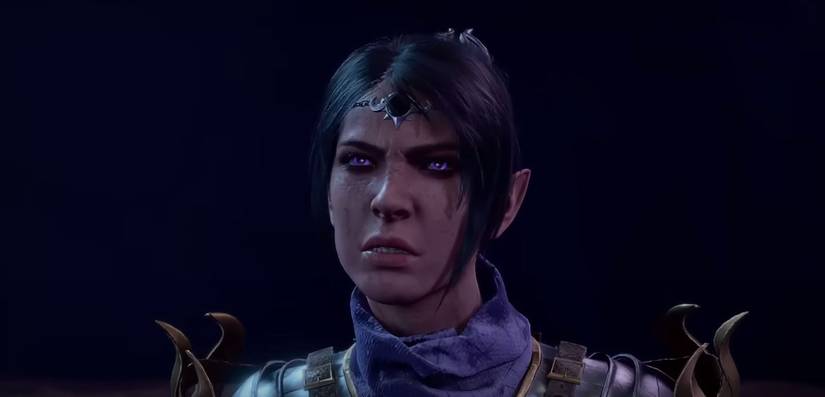 Shadowheart's eyes flash purple as he reveals his name and rejects his parents.