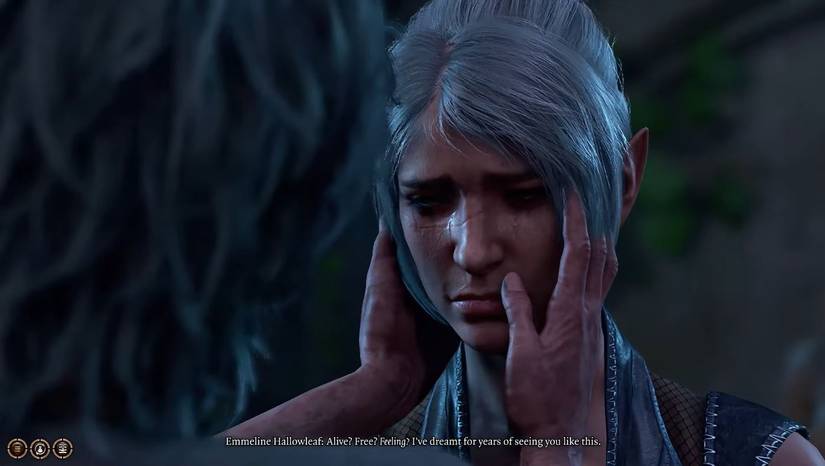 Shadowheart sobs as his mother Emmeline wipes away his tears and holds his face.