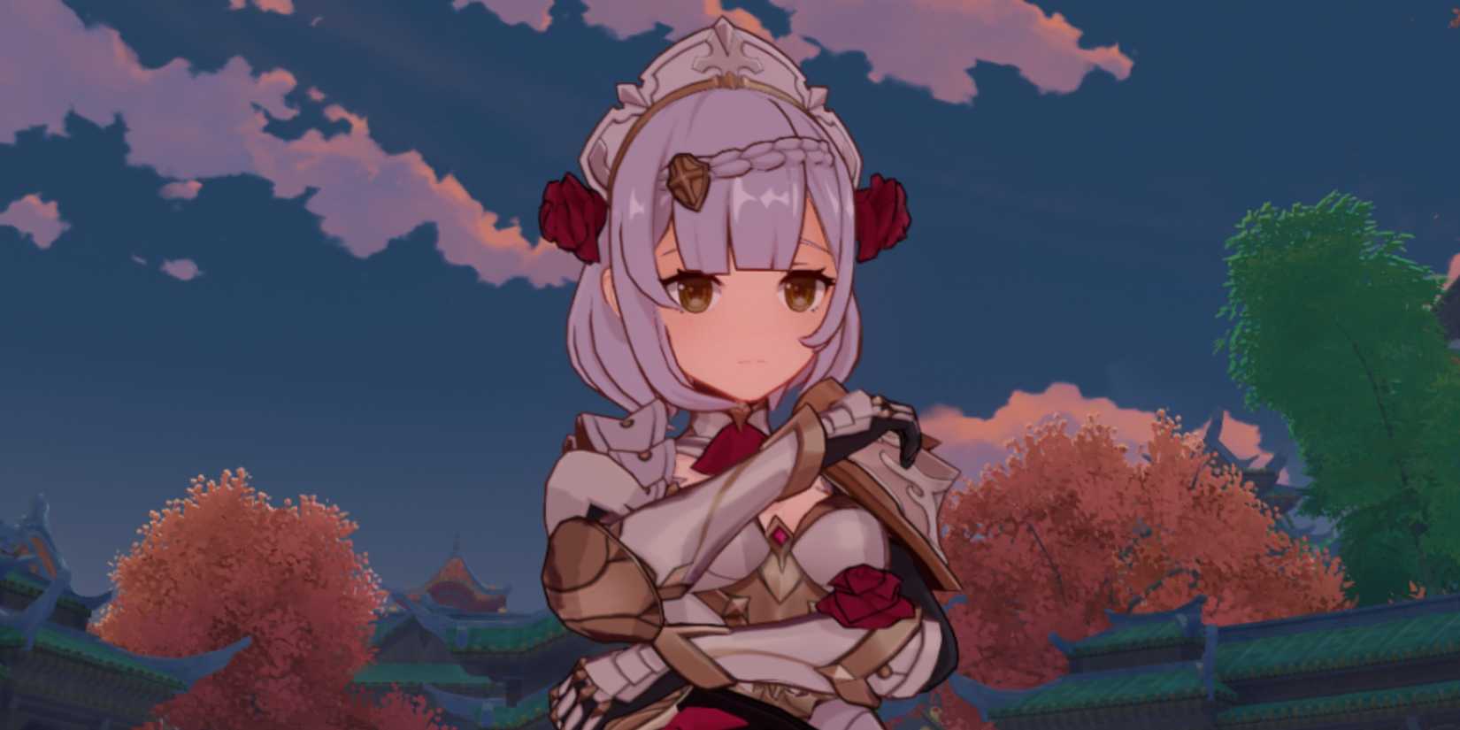 Noelle Liyue thinking with crossed arms in Genshin Impact.