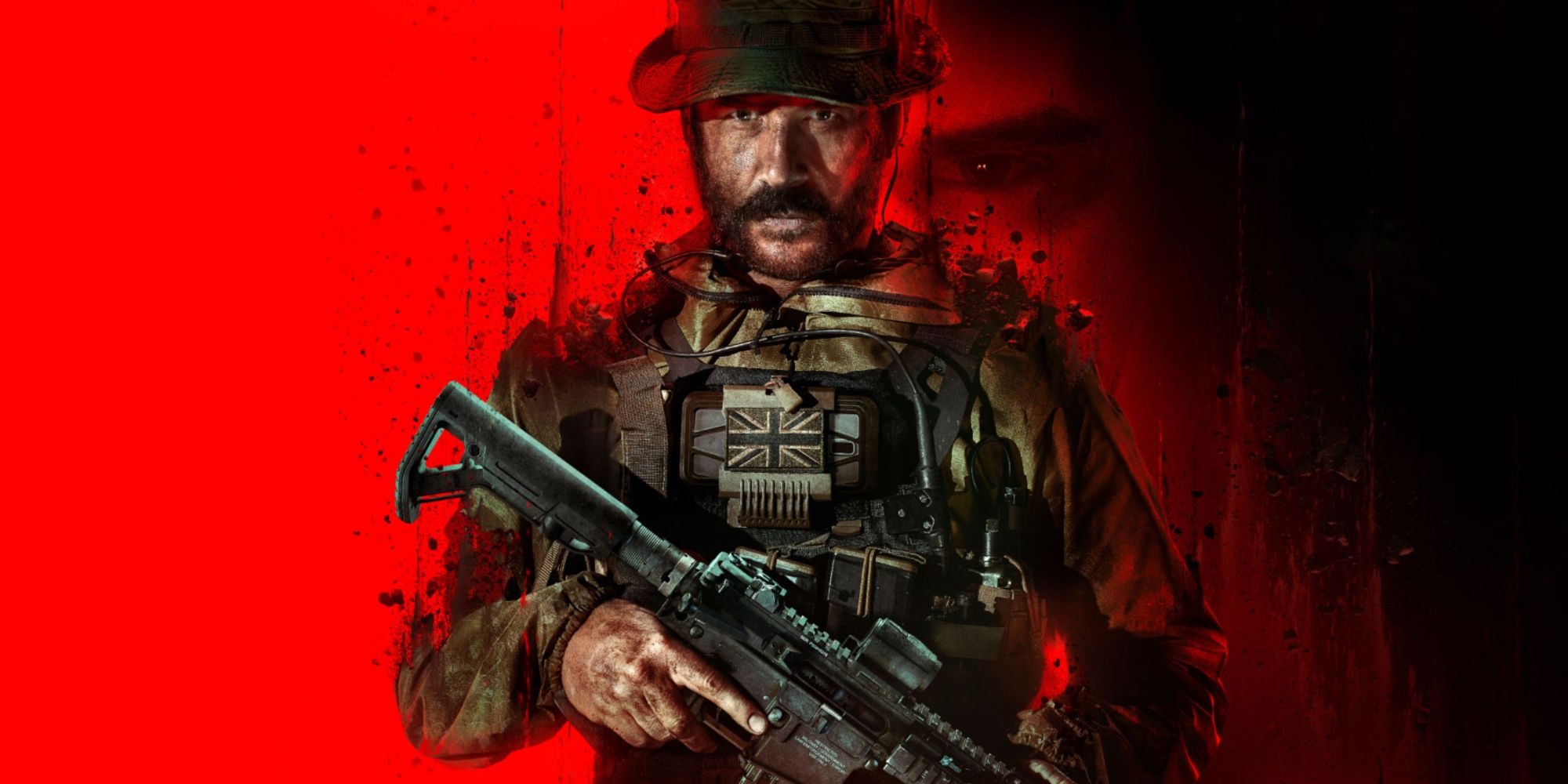 call of duty modern warfare 3 cover art showing Price holding a gun over a red background with a face in the shadow.