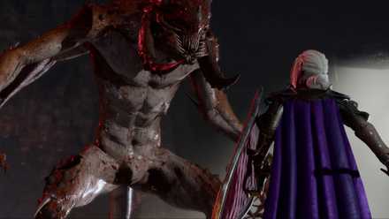 Player Drow Cleric Epically Brandishes Sword And Shield Facing Orin The Red Bhaalspawn Form