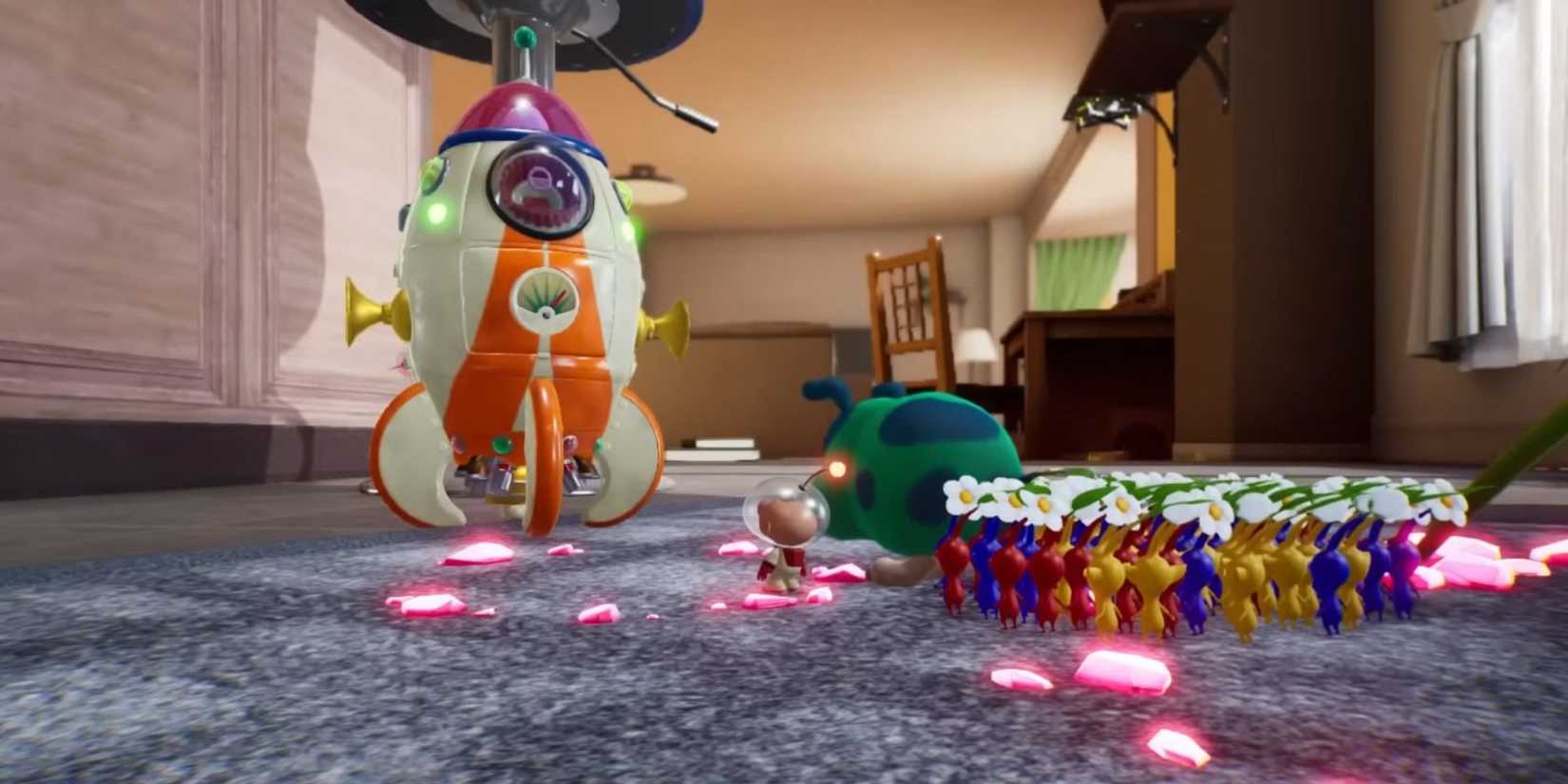 Olimar and Pikmin reassemble the ship in Pikmin 4.