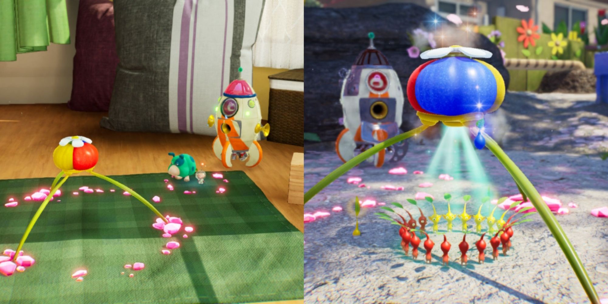 A collage of Olimar in various areas during Olimar's Shipwreck Tale in Pikmin 4.
