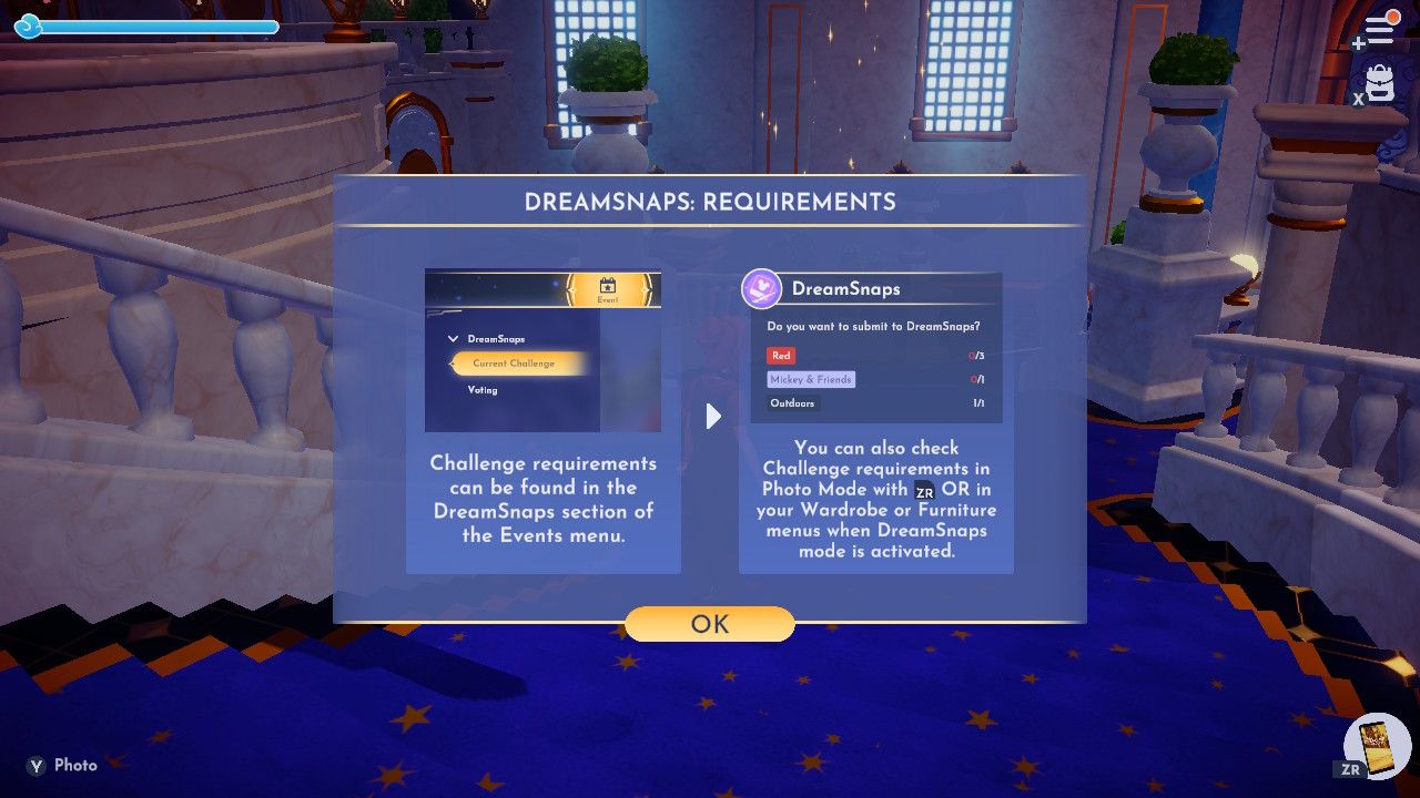 Dream Snaps tutorial menu in Disney Dreamlight Valley