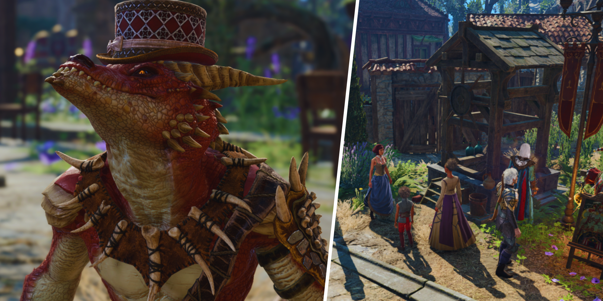 Split image featuring the clown character from Baldur's Gate 3 and a group of civilians near the well.