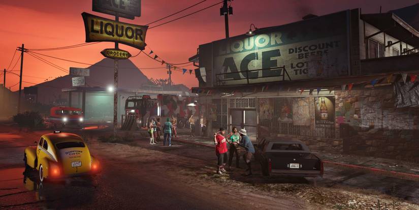 GTA 5 Ray Tracing scene at twilight with cars parked and people talking