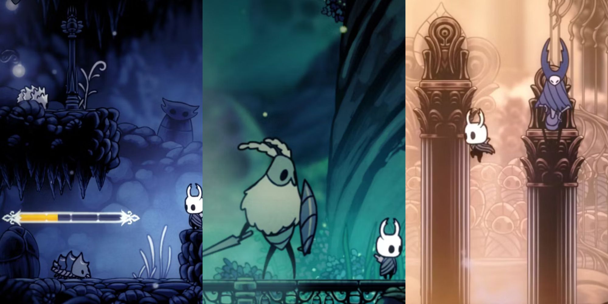 Split image featuring the Git Gud patch, invicibility mod, and mantis gods in Hollow Knight