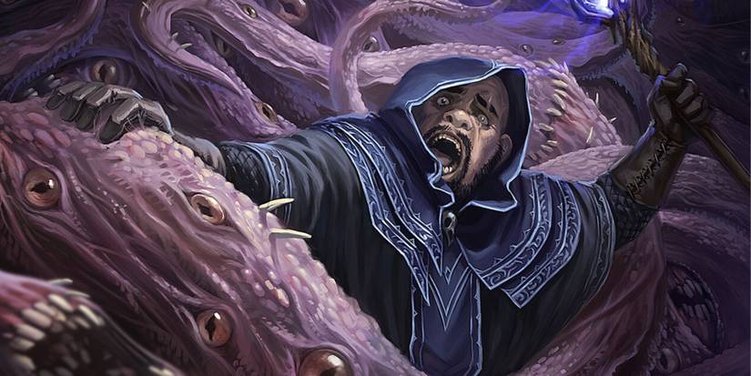 Terrified warlock engulfed by massive purple tentacles with eyes