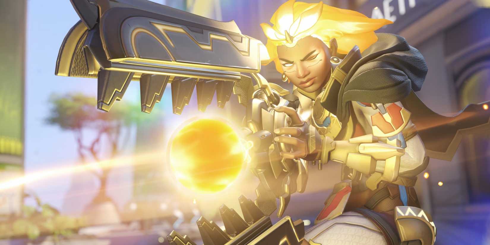 Glowing with solar energy, Illari charges up a solar blast from her rifle.