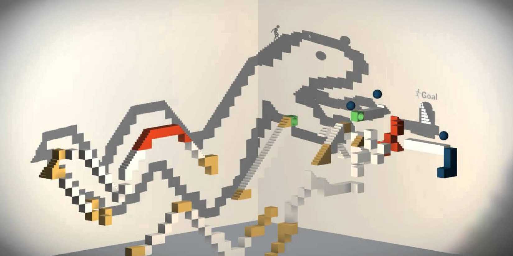 A series of cubes casting the shadow of a snake on a white wall. 