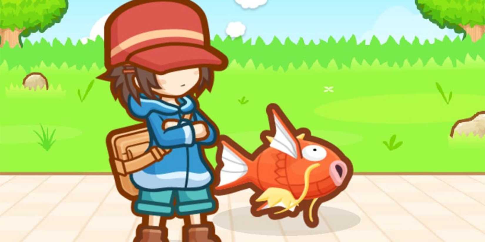 A trainer is standing in the path next to a Magikarp