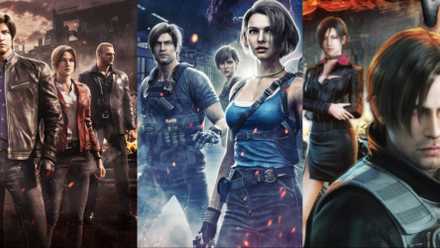 A collage showing three different CG animated Resident Evil films: Infinite Darkness, Death Island, and Damnation.