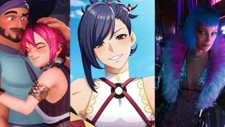 Sylvia hugs Corsac in Potionomics, Kagetsu grins at the viewer in Fire Emblem Engage, and Evelyn smiles at the camera in Cyberpunk 2077