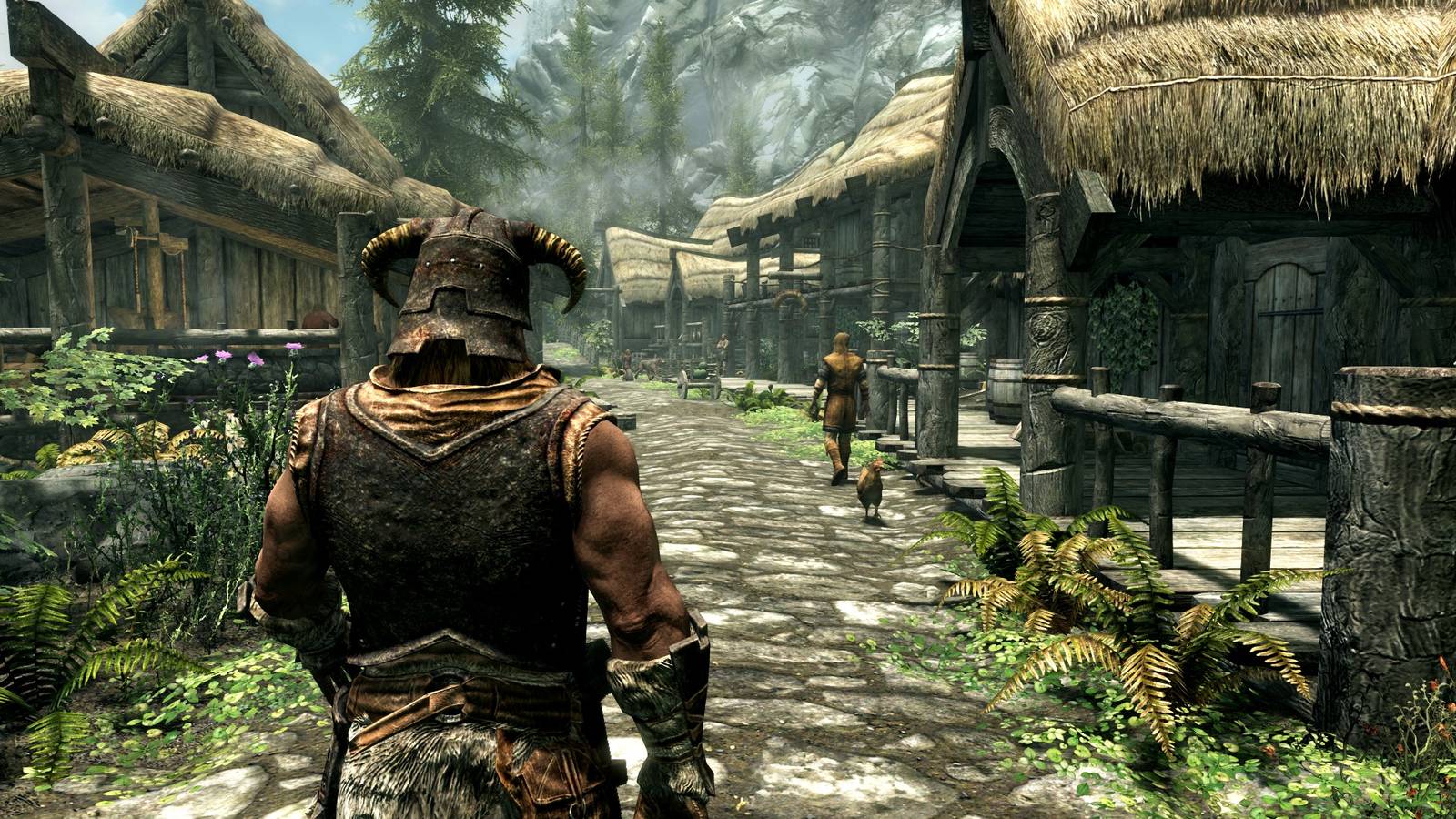 Dragonborn walking through the streets of Riverwood.