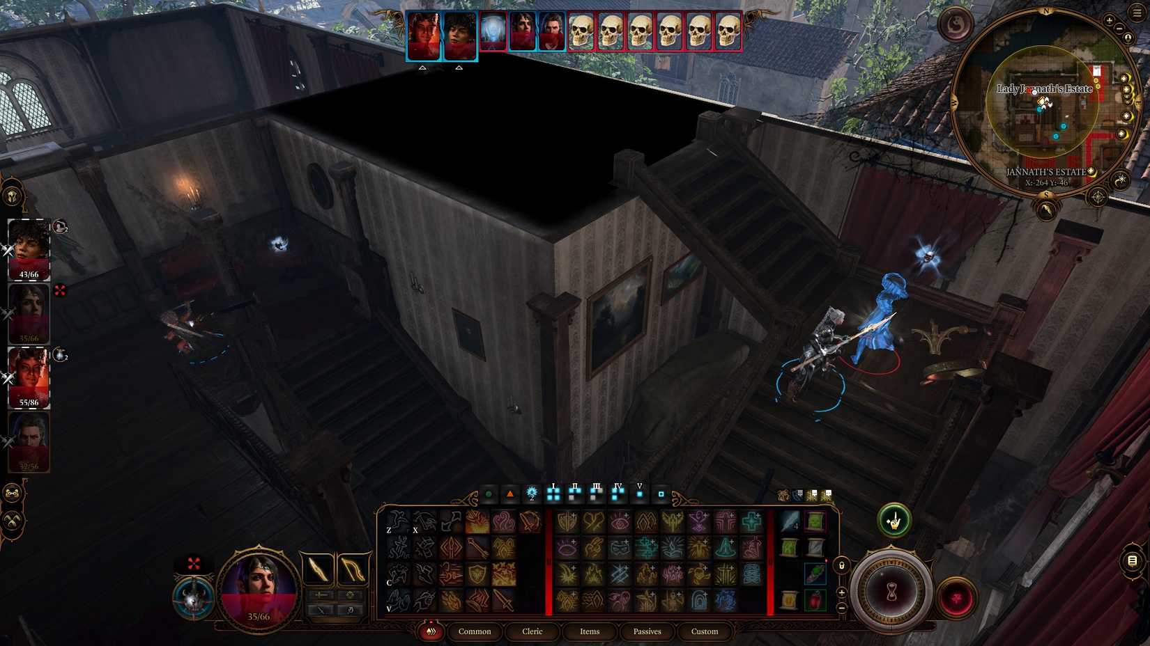 Baldur's Gate 3 spelare i Lady Jannaths trapphus med spöken