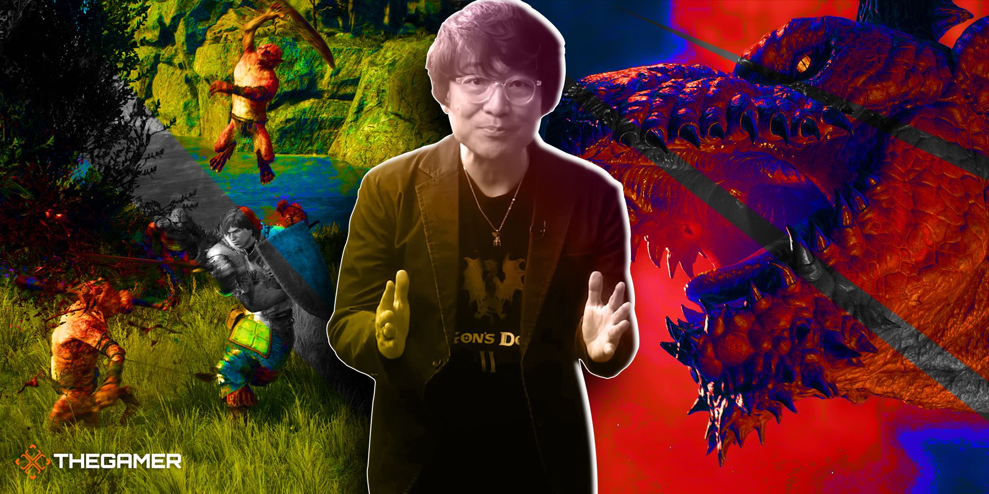 Hideaki Itsuno standing between the dragon from Dragon's Dogma 2 and a hero fighting goblins