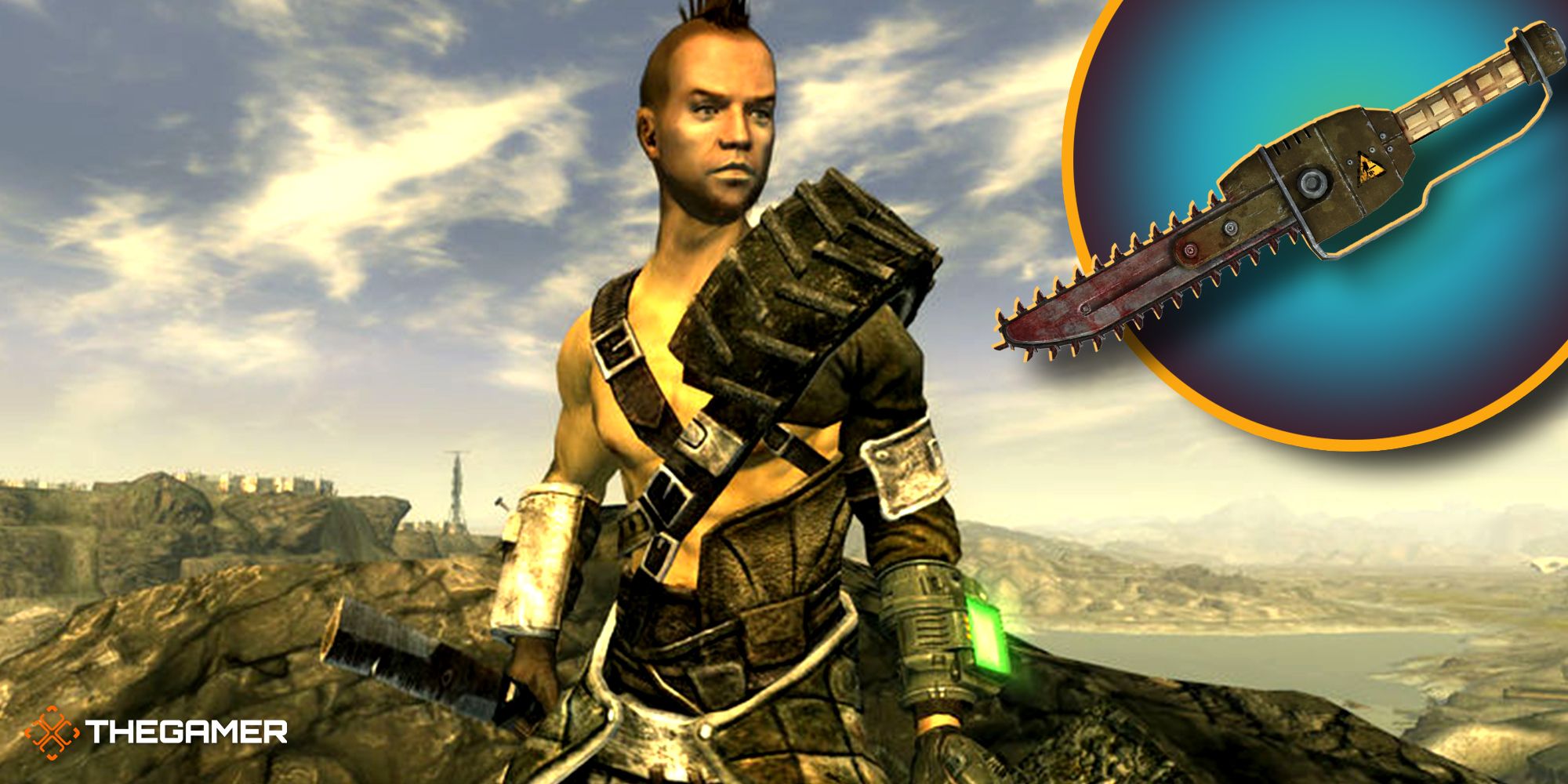 A chaaracter holding a Ripper with a Ripper image on the top right in Fallout: New Vegas.