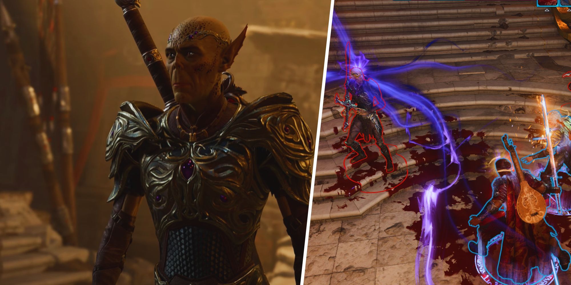 Baldur's Gate 3 - Split Image, Githyanki Inquisitor, Barbarian PC fighting Githyyanki