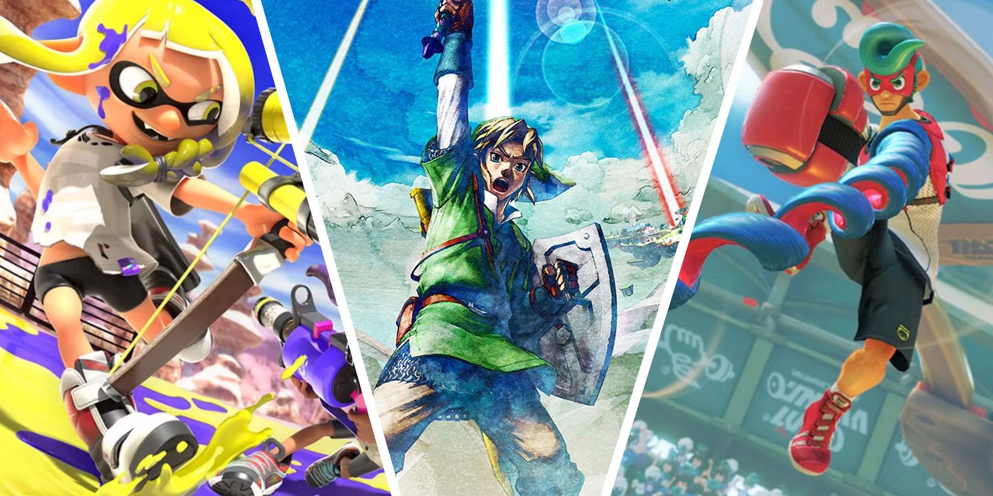 Split Image Of Splatoon 3, The Legend Of Zelda Skyward Sword, And Arms