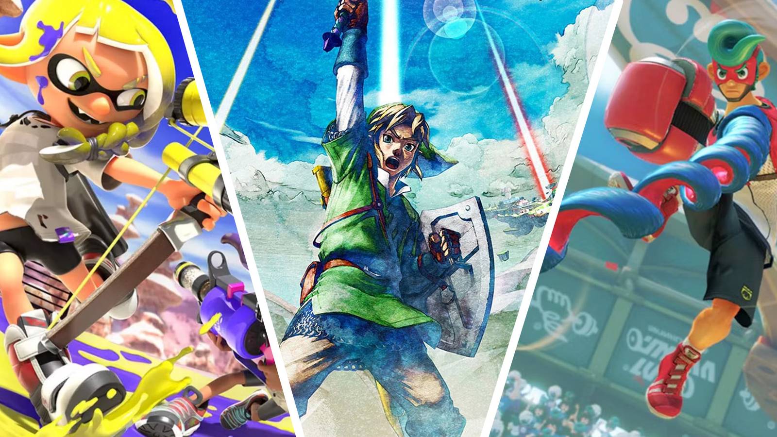 Split Image Of Splatoon 3, The Legend Of Zelda Skyward Sword, And Arms