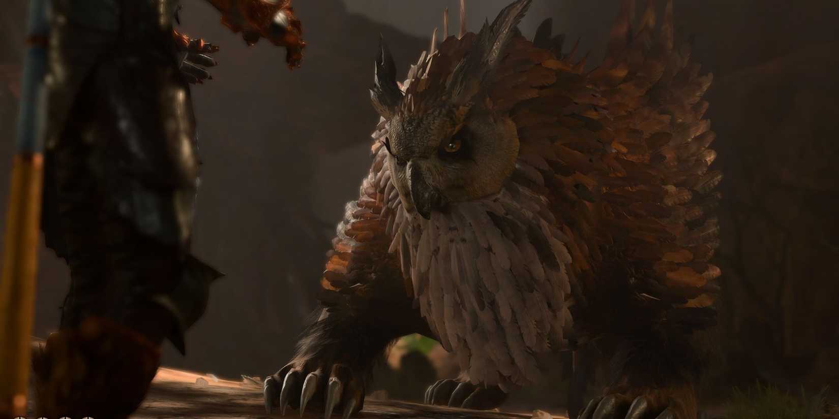 A dangerous looking mama owl bear with white and gray feathers and large claws.