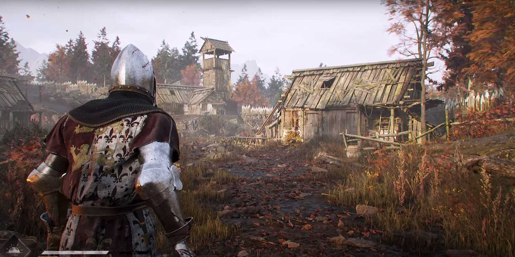 A knight in heavy armor walking into an abandoned, plague ridden settlement in the middle of Autumn.