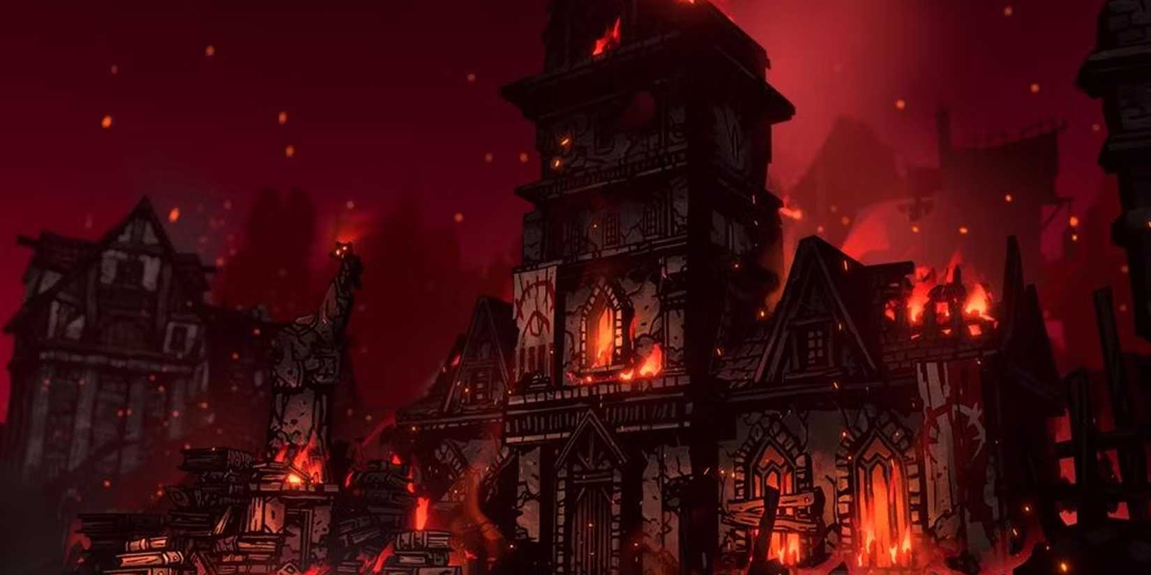 Darkest Dungeon 2 a burning scientific gothic building.