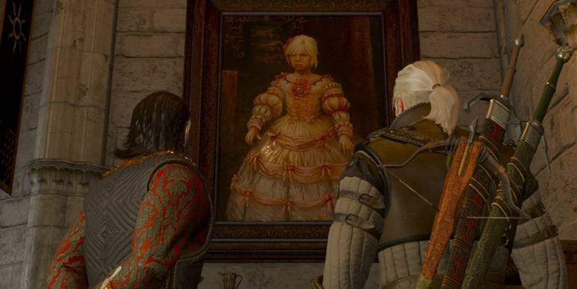 emhyr and geralt looking at a photo of young ciri upset in a pink dress the witcher 3