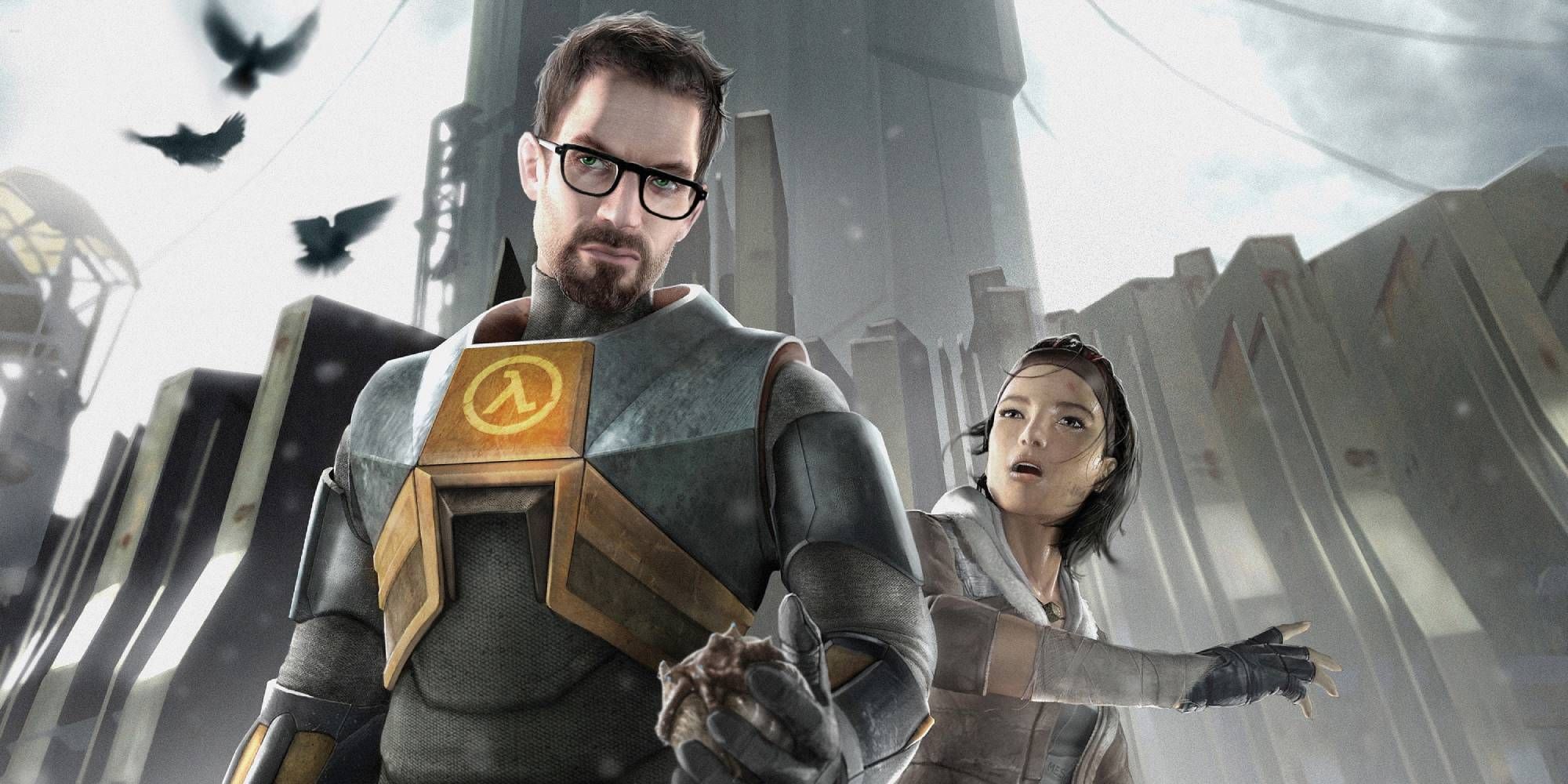 Gordon Freeman posing with Alyx Vance in the Half Life 2 cover art.