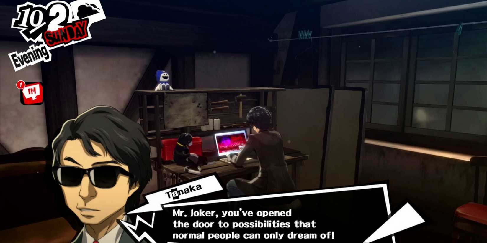 Joker on his laptop with a text box from President Tanaka of Tanaka's shady commodities in Persona 5 Royal.