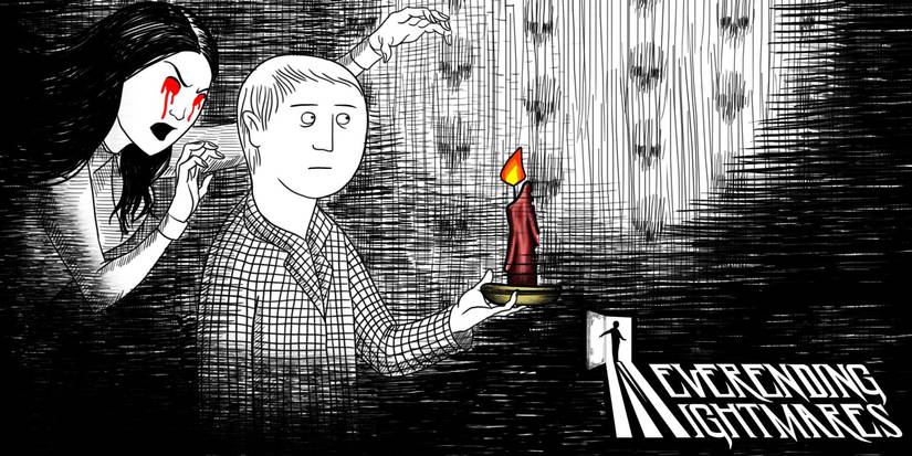 Neverending Nightmares - Thomas Holding A Candle While Walking Through A Dark Room Unaware Of The Ghostly Woman Behind Him