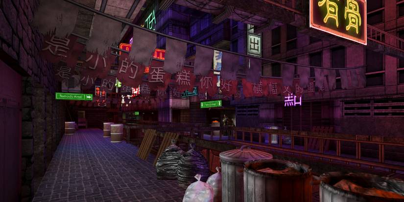 Screenshot of city from Deus Ex with neon signs all around.