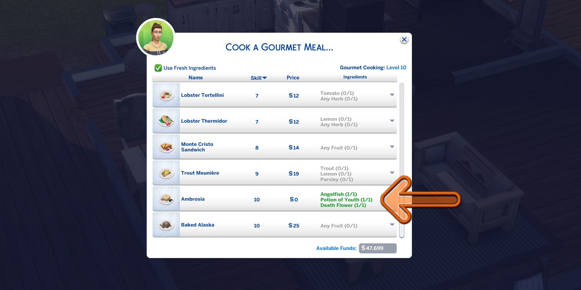 Sims 4 cook a gourmet meal menu, pointing out the option to make ambrosia