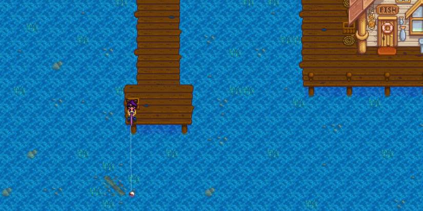 Stardew Valley player fishing on a dock.