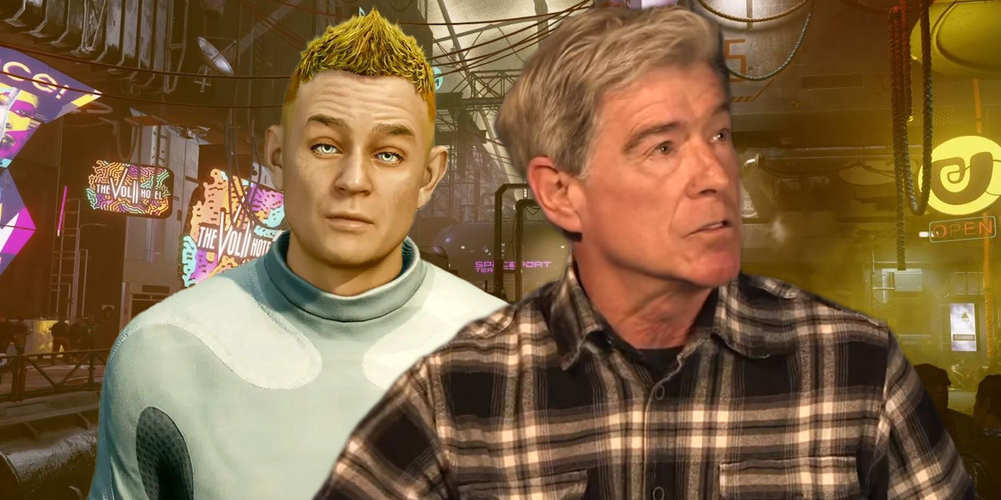 Starfield Neon city background with the Adoring Fan and actor Craig Sechler on top