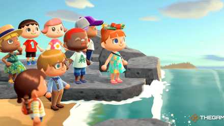 A group of Animal Crossing New Horizons NPCs standing on the edge of the shoreline staring out to sea.
