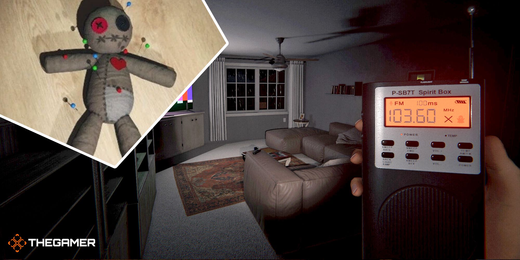 Split image showing a handmade doll and player looking for cursed object in a dimly lit living room in Phasmophobia