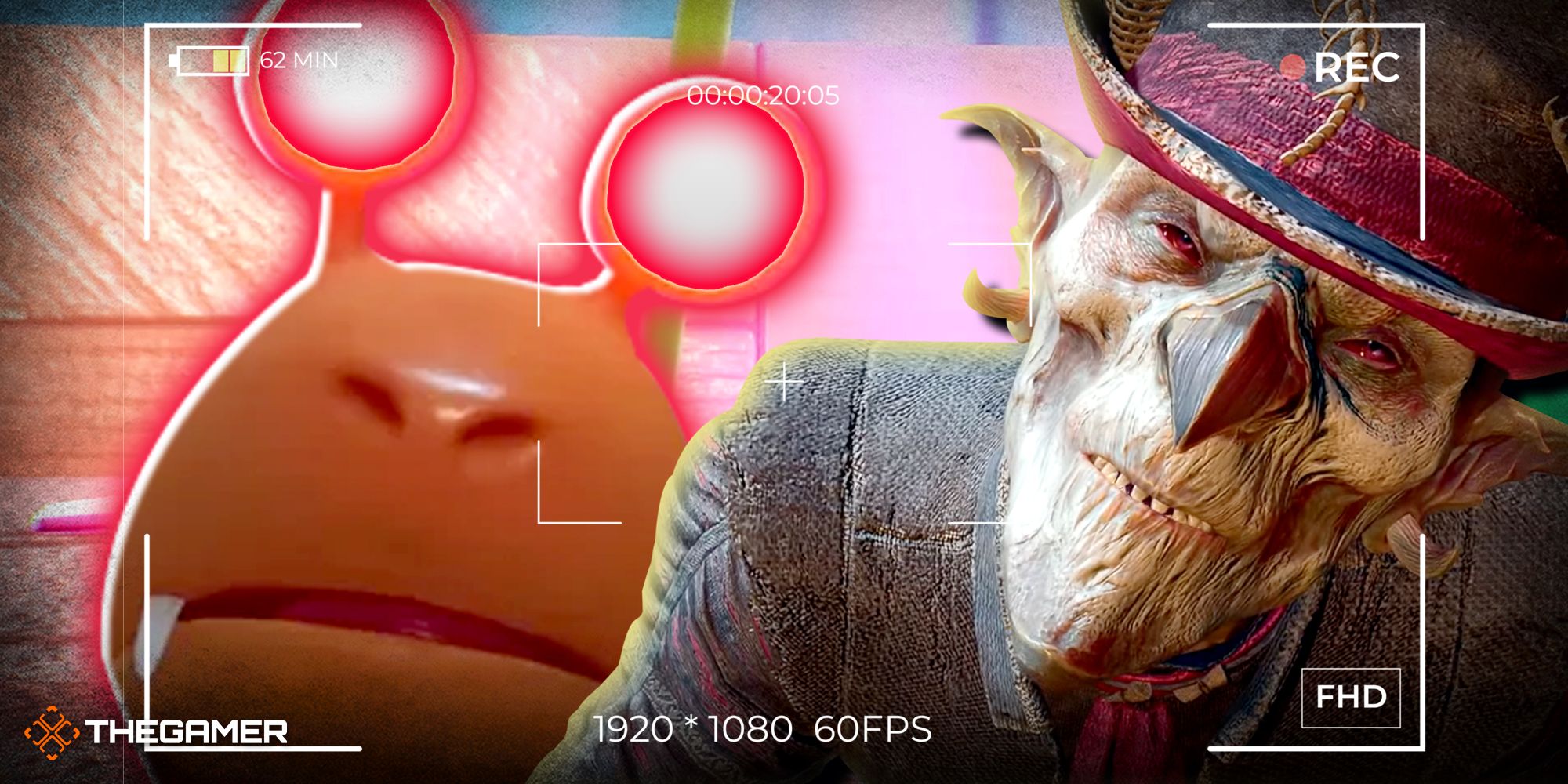 Characters from Pikmin 4 and Baldur's Gte 3 looking into a camera with HUD