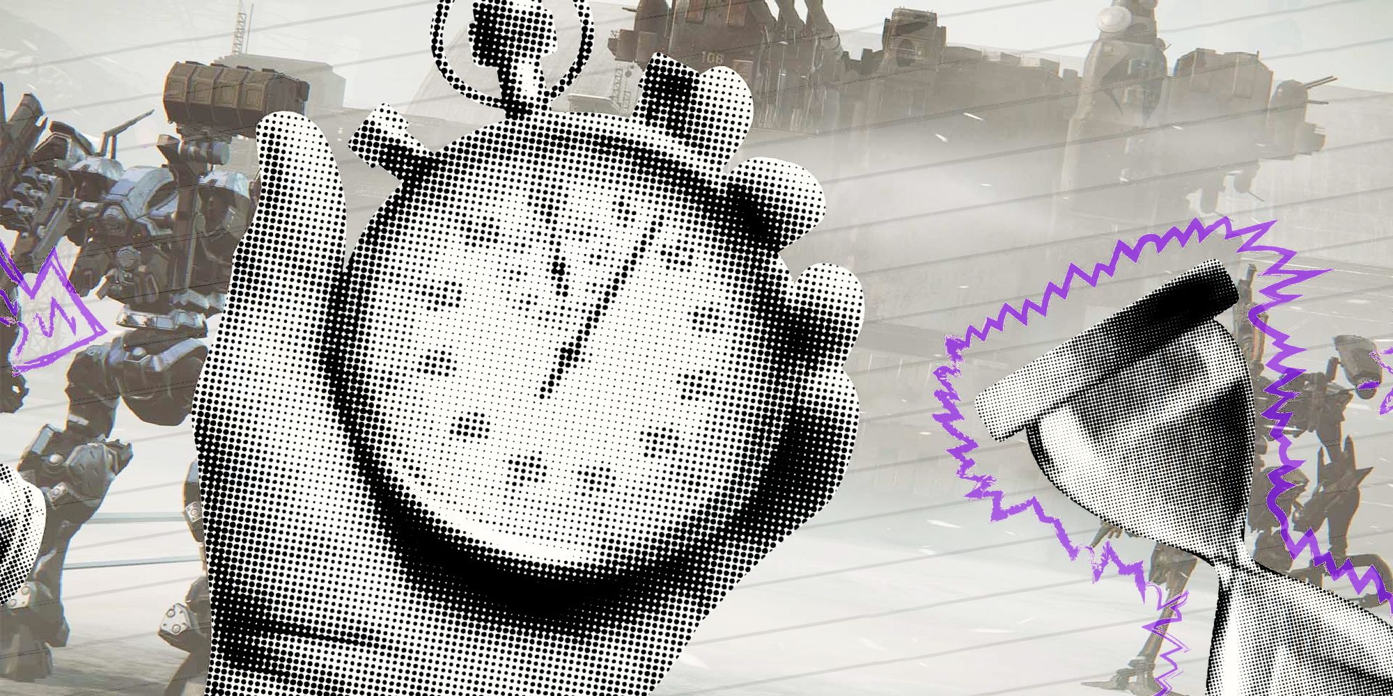 Black and white Armored Core 6 gameplay in the background, with an hourglass and stopwatch in the foreground