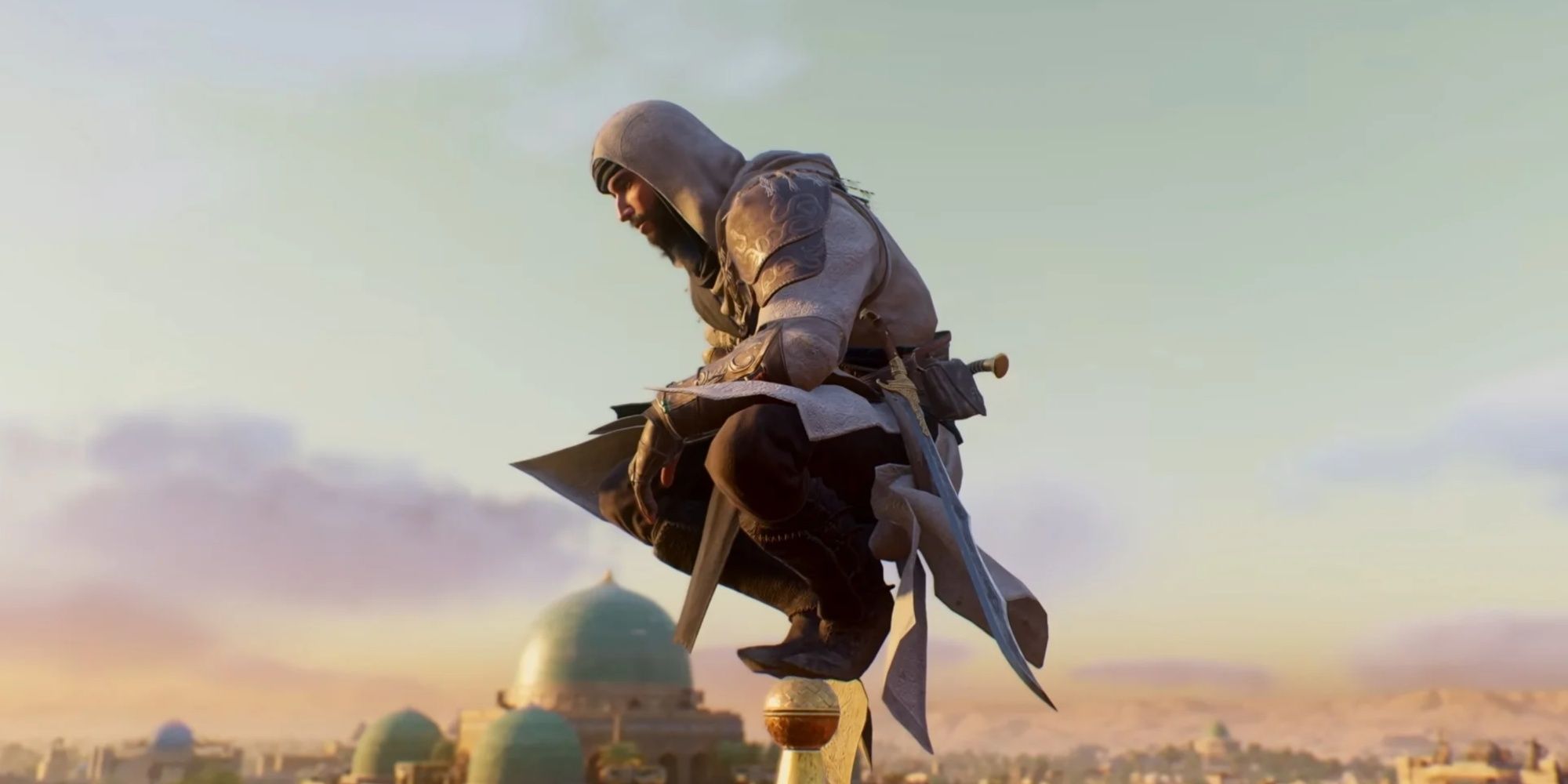 Assassin's Creed Mirage, Basim Perched Atop A High Vantage Point Looking Down At The City Below