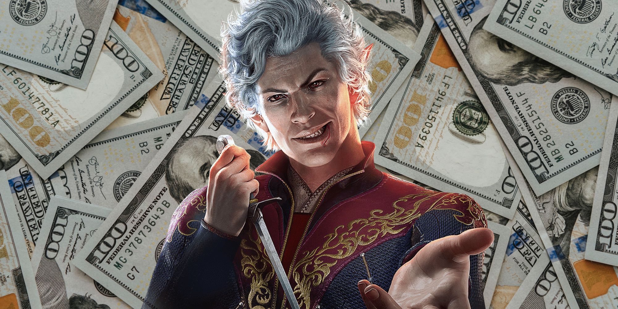 Astarion from Baldur's Gate 3 in front of a background cover in dollar notes