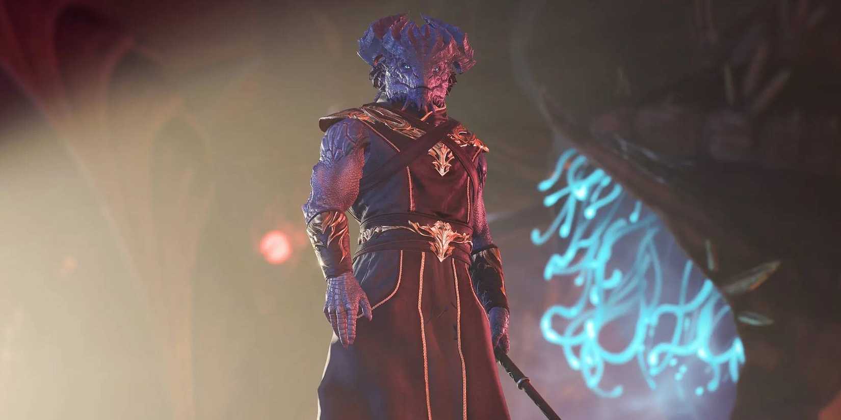 A dragon born from Baldur's Gate 3 standing inside a cave.