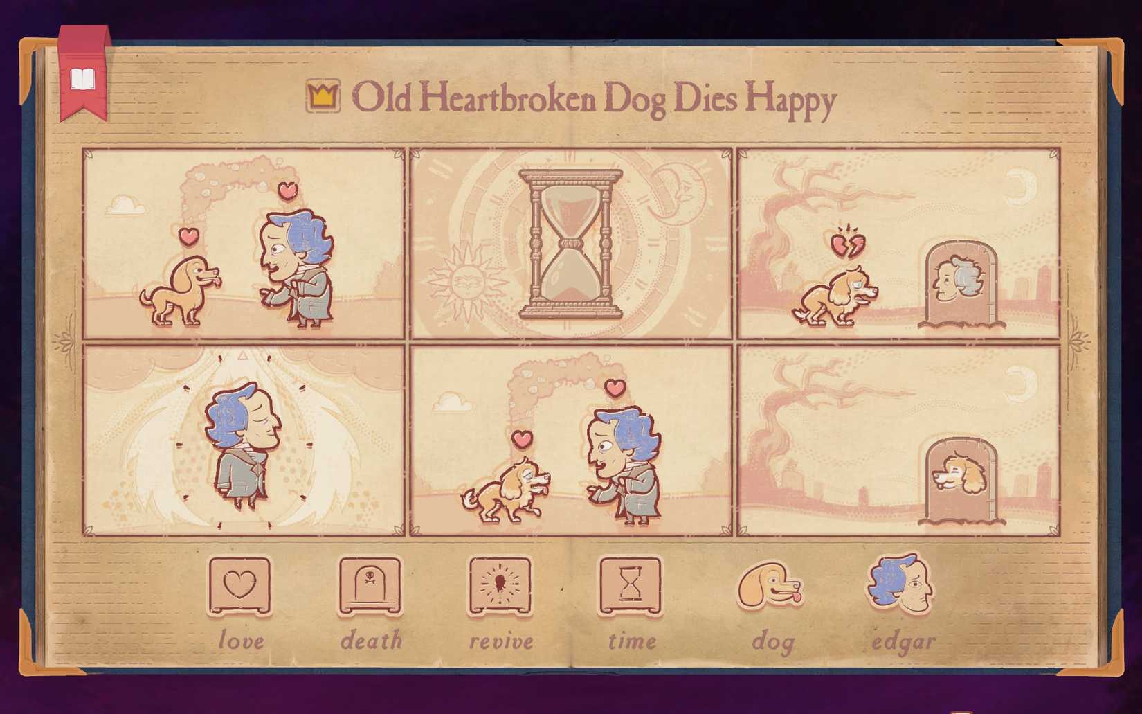 The solution to Chapter 3 Aging in Storyteller, showing an old heartbroken dog dying happy.