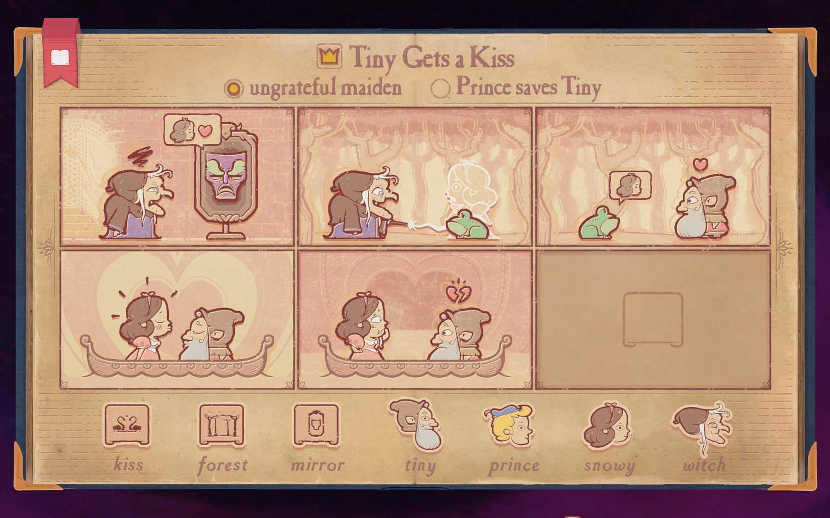 The solution to Chapter 5 Telltale's first scenario in Storyteller, showing Tiny getting a kiss from an ungrateful maiden.